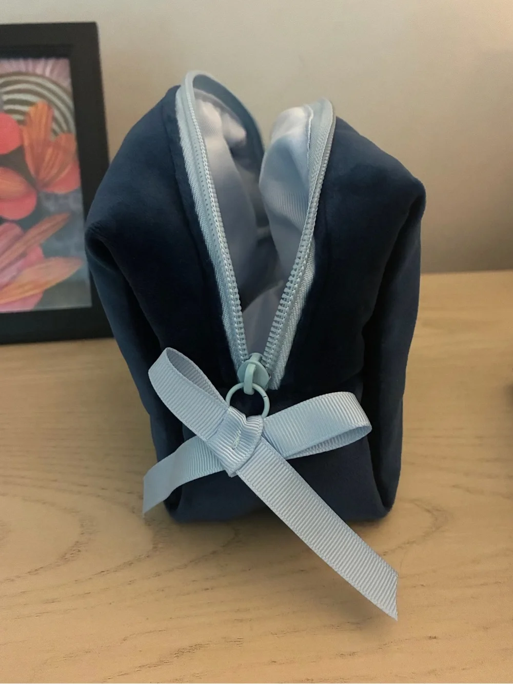 Velvet Cosmetic Pouch in Deep Navy with Light Blue Trim